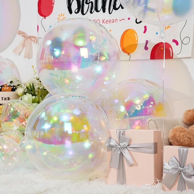 12Pcs Iridescent Round Foil Balloons, 22" 15" 10" 4D Clear Ball Balloon, Holographic Balloons for Birthday Wedding Folding Rainbow Under The Sea Mermaid Party decoration