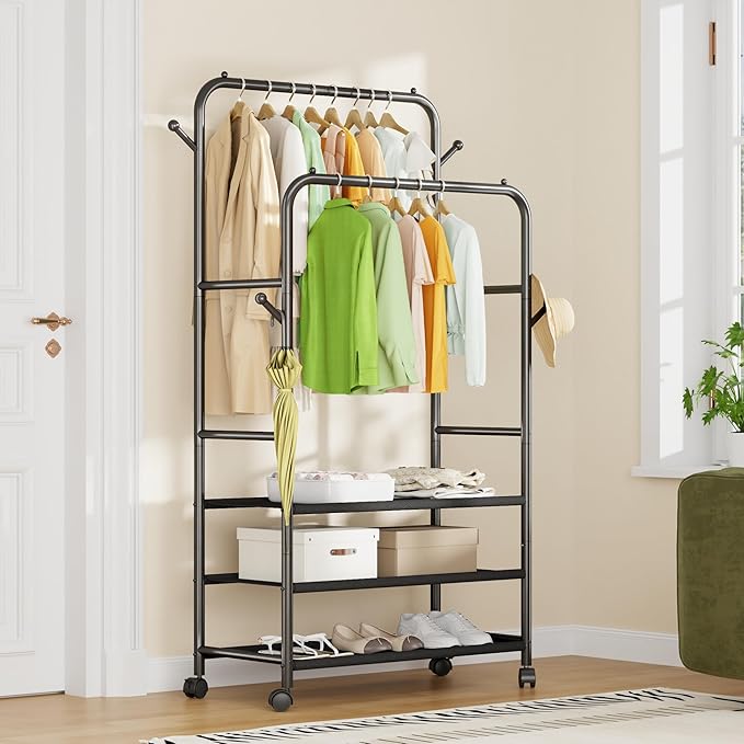 Clothing Racks for Hanging Clothes, Portable Clothing Rack with Wheels Rolling Clothes Racks, Black Garment Racks-3-Tier