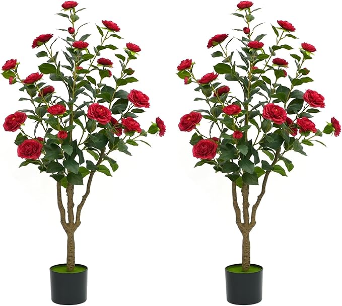 4Ft Artificial Camellia Tree 2pack, Red Silk Flowers Faux Plant for Indoor Outdoor Home Decor, Realistic Potted Greenery for Office Porch Living Room