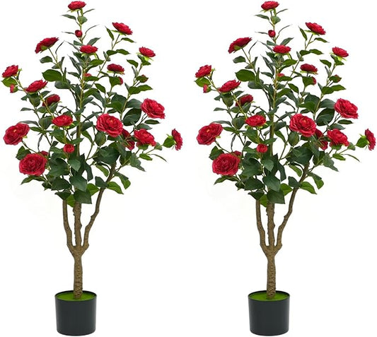 4Ft Artificial Camellia Tree 2pack, Red Silk Flowers Faux Plant for Indoor Outdoor Home Decor, Realistic Potted Greenery for Office Porch Living Room
