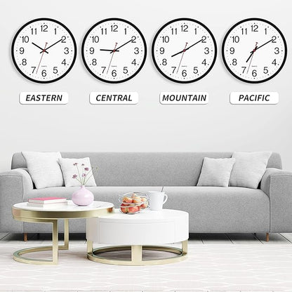Foxtop 4 Pack Multi-Time Zone Black Wall Clock, 12 Inch Silent Non Ticking Quartz Battery Operated Round Classic Analog Wall Clock for Classroom School Office Living Room Bedroom Home
