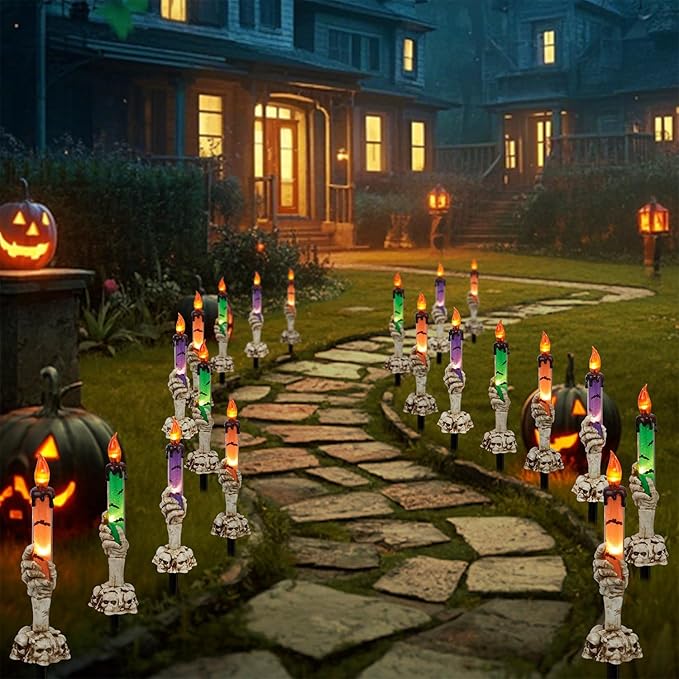 WATERGLIDE Halloween Decoration Candle Light Stakes, 10 Pack Skeleton Hands Hold Lighted Candle Pathway Makers, Waterproof Battery Operated with Timer, Light Up Figurine for Outdoor Holiday Party