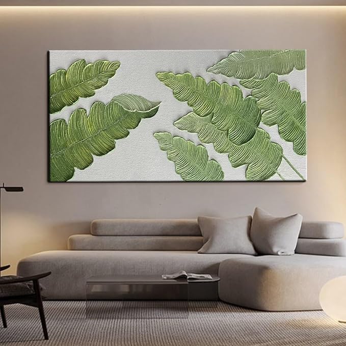 YaSheng Art- Modern minimalist 3D textured wall art Oil Paintings on Canvas Green plant paintings handmade Contemporary Abstract canvas wall art for bedroom Home Wall Deco Oil Painting 24X48 inch