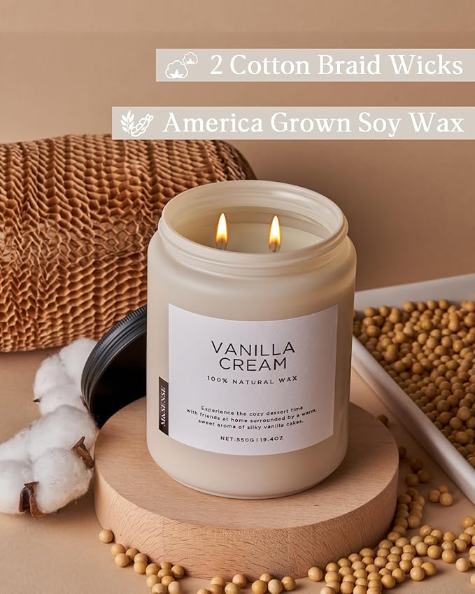 M&SENSE Vanilla Soy Candles, Large 2 Wick Jar Candle 19.4oz, 110 Hours Burning Time, 100% Natural Organic Soy Wax, Relaxing Aromatherapy Scented Candle, Housewarming Gift for Women and Men