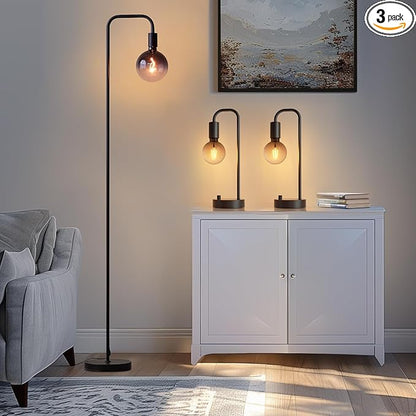 ONEWISH Industrial Lamp Set 3 Piece-1 Floor Lamp and 2 Dimmable Table Lamp- 3 Pack Modern Matching Floor and Table Lamp with Gradient Black Globe Bulb for Living Room,Bedroom(Bulb Included)