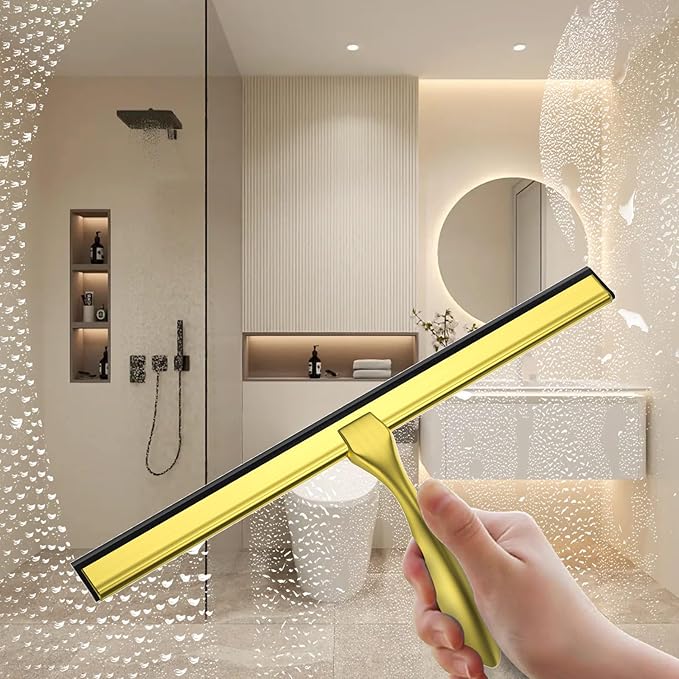 peafowl 14 inch Shower Squeegee Stainless Steel Bath Squeegee for Shower Glass DoorsBathroom Windows Kitchen Mirror and Car Glass with Hooks Holder (14 inch, Gold)