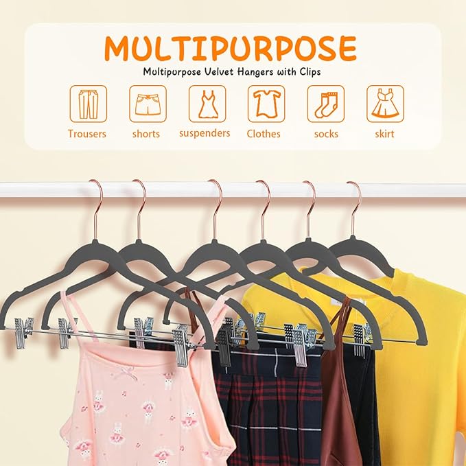Stormix Baby Hangers - 24 Pack Non-Slip Kids Hangers with Clips, Heavy-Duty for Shirts, Pants, Skirts, Dresses, Jackets, Coats - Rose Gold Hooks