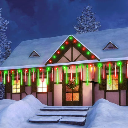 2 Pack Christmas Decorations Lights Outdoor, Extendable Meteor Shower Lights with Timer, Total 384LED 30cm 16 Tubes Indoor Outdoor Snow Cascading String Light for Xmas Party Yard Decor (Red and Green)