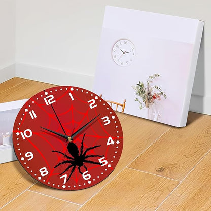 Spider On Spider Web Wall Clock Vintage Wooden Wall Clock Silent Non-Ticking Battery Operated Arabic Numerals Wall Clocks Decorative for Kitchen, Office, Classroom 10 Inch
