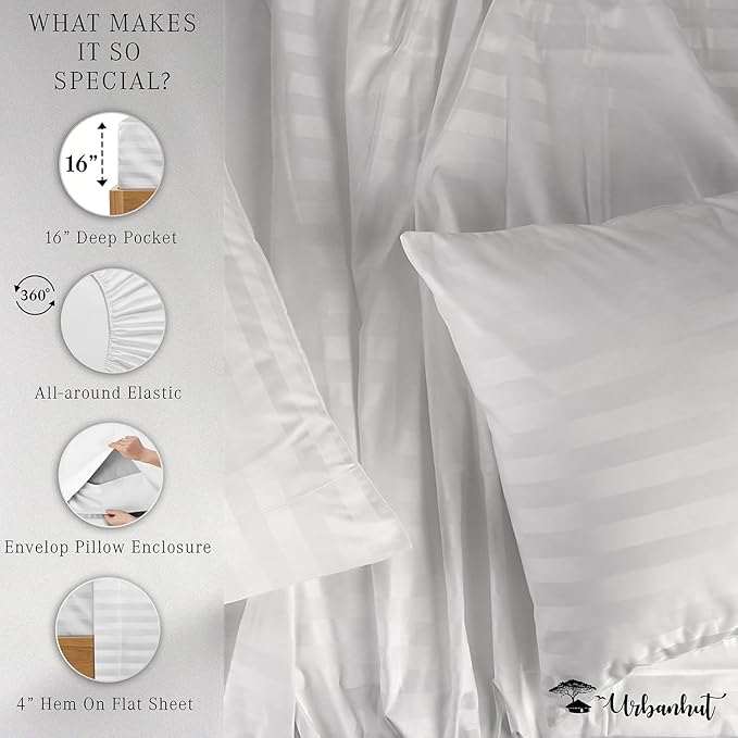 URBANHUT 800 Thread Count Egyptian Cotton Damask Striped King Size Sheets Set (4 Pc) - Ultra Soft & Smooth, Sateen Weave King Sheet, Luxury Hotel Sheets with 16" Deep Pocket - White