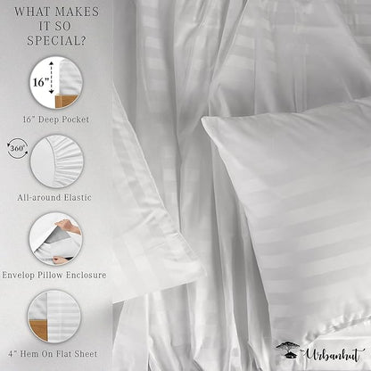 URBANHUT 800 Thread Count Egyptian Cotton California King Damask Striped Sheets Set (4 Pc) - Ultra Soft & Smooth, Thick & Crisp Sateen Weave Calking Striped Bedsheets, Fits Upto 16" Mattress - White
