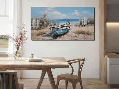 Ardemy Boat Canvas Wall Art for Living Room Large Teal Bedroom Pictures Wall Decor Textured Beach Paintings Artwork Dining Room Home Office Kitchen, 58"x29"