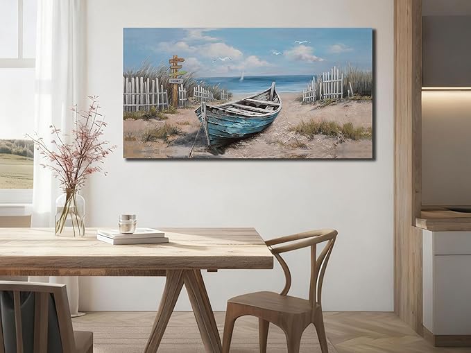 Ardemy Boat Canvas Wall Art for Living Room Large Teal Bedroom Pictures Wall Decor Textured Beach Paintings Artwork Dining Room Home Office Kitchen, 48"x24"