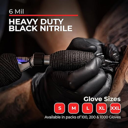 Heavy Duty 6 Mil Black Nitrile Gloves - Disposable, Latex & Powder Free | Mechanic, Food Prep & Tattoo | Rubber Gloves for Cooking, Cleaning & Household | Pack of (200)