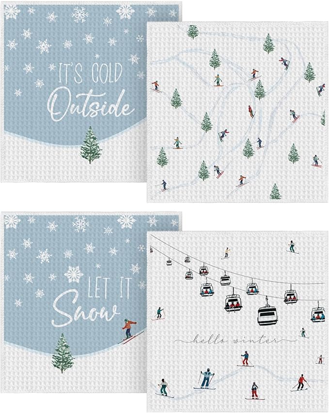 Artoid Mode Xmas Tree Snowflakes Cable Car Ski Winter Kitchen Dish Cloths, 12x12 Inch Quick Dry Microfiber Dishcloths for Kitchen Dish Rags Set of 4