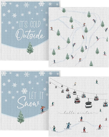 Artoid Mode Xmas Tree Snowflakes Cable Car Ski Winter Kitchen Dish Cloths, 12x12 Inch Quick Dry Microfiber Dishcloths for Kitchen Dish Rags Set of 4