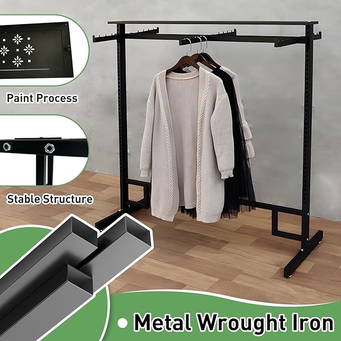 Retail Clothing Rack with wheels, 6 Arms Commercial Clothing Display, Height Adjustable Garment Rack, Free Standing Metal Clothing Rack, for Retail clothing store Home Laundry Room (black)