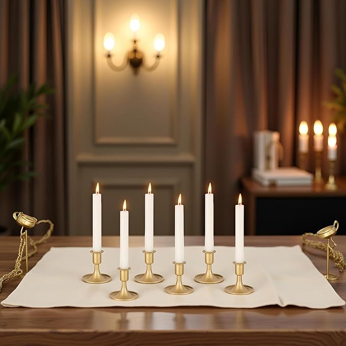 Candlestick Holders Taper Candle Holder 6Pcs Brass Gold Metal Vintage Short Stick Holders Set for Home Dinning Table Wedding Centerpiece Holiday Party Chrismas Mantel Holiday Dinner Base Widening