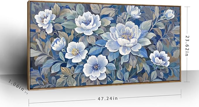 ARTZON Framed Large Wall Art for Living Room- Modern Blue and White Canvas Art Prints Peony Picture Blossom Flower Botanical Elegant Horizontal Artwork Relaxing Women Bedroom Office 48x24 Inch