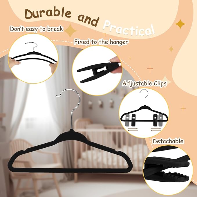Soaoo 50 Pcs Baby Velvet Non-Slip Hangers with Clips,100 Clips for Pants & Skirts, Space-Saving Kids Children Clothes Hangers for Nursery Closet Organization(Black)