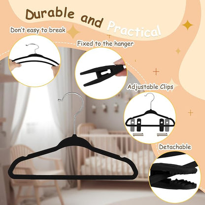 Soaoo 50 Pcs Baby Velvet Non-Slip Hangers with Clips,100 Clips for Pants & Skirts, Space-Saving Kids Children Clothes Hangers for Nursery Closet Organization(Black)