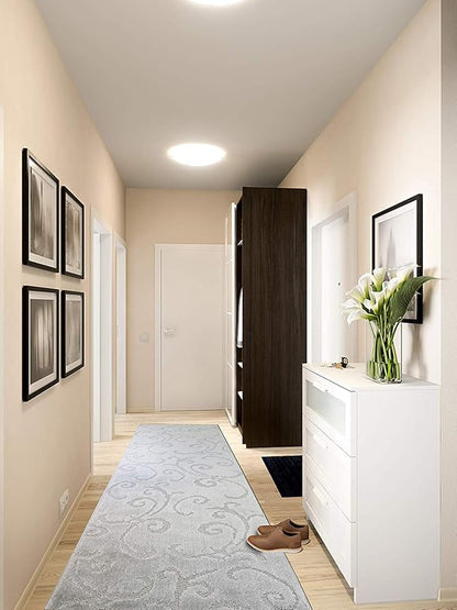 15 Ft Long Non-Slip Washable Carpet Runner Rug with Rubber Backing (26" X 15'), Custom Floor Mat for Kitchen Hallway Stairs Bedroom Bathroom Entry, Scroll Light Silver, Your Choice of Length