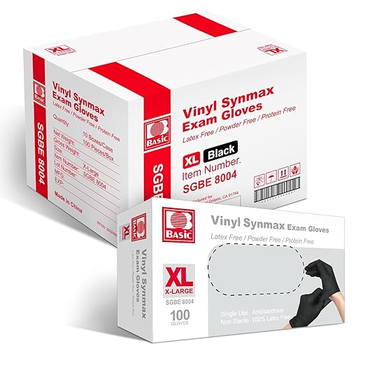Jointown Disposable Medical Synmax Vinyl Exam Gloves- 4 mil Safty Glove 1000pcs - Latex-Free & Powder-Free - SGBE 8004, X-Large (Case of 1000, Black)