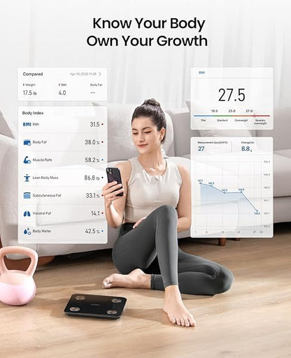 Scale for Body Weight, Digital Smart Bathroom Weight Scale with BMI, Body Fat, Muscle Mass, Accurate 20 Body Composition Scale, 10.2" Compact Platform with APP, 400lb, Black
