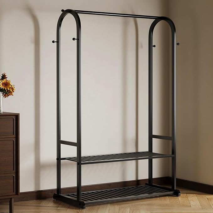 Sturdy heavy duty clothes rack,Black clothing rack with bottom shelves and 6 side hooks,Metal garment rack for hanging clothes,Wardrobe rack for Bedroom