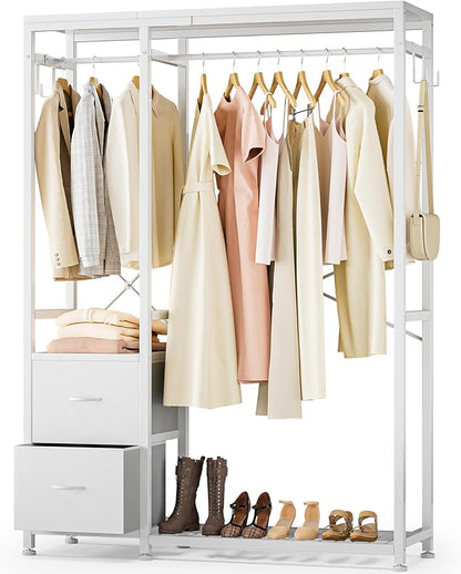 Lulive Clothes Rack, Heavy Duty Garment Rack for Hanging Clothes, Industrial Clothing Racks with Shelves, 2 Fabric Drawers, 4 Hooks, 2 Hanging Rods, Freestanding Closet Organizer (Modern)