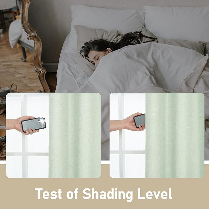 LAMIT Thermal Linen Curtains for Living Room, 72 Inch Linen Textured Light Reducing Curtains Gromment Privacy Boho Panels for Bedroom/Farmhouse, Set of 2 Panels, W52 x L72, Light Green