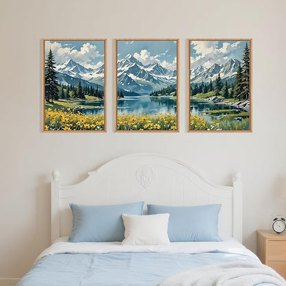 BICERE Large Nature Mountain Wildflower Framed Canvas Wall Art,Pine Tree Woodland Wall Decor,Forest Floral Lake Wall Painting,Watercolor Scenery Artwork for Living Room,Bedroom,Dining Room,Office -24"x36"x3