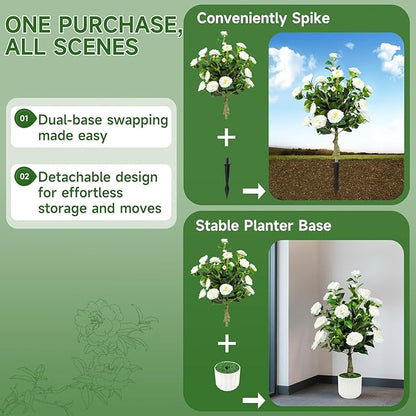32'' Artificial Camellia Tree Outdoor Set of 2 Realistic Camellia Plant Indoor with Planters and Spikes for Wedding Front Porch Patio Office Living Room Home Decor