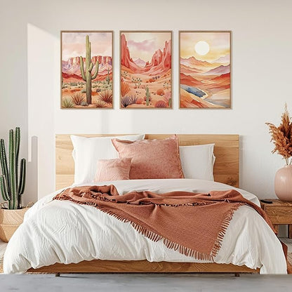 HLNIUC Boho Desert Plant Framed Canvas Wall Art Set,Southwestern Sun Mountain Wall Decor,Cactus Sunset Landscape Wall Painting,Watercolor Abstract Desert Art Prints for Living Room,Bedroom - 16”x24”x3