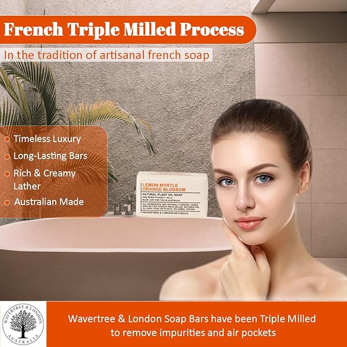 Wavertree & London Lemon Myrtle & Orange Blossom Scented Natural Soap Bars (2 Bars), 7oz Moisturizing French Triple Milled Soap enriched with shea butter - Bath & Body Bars [100% Naturally derived]