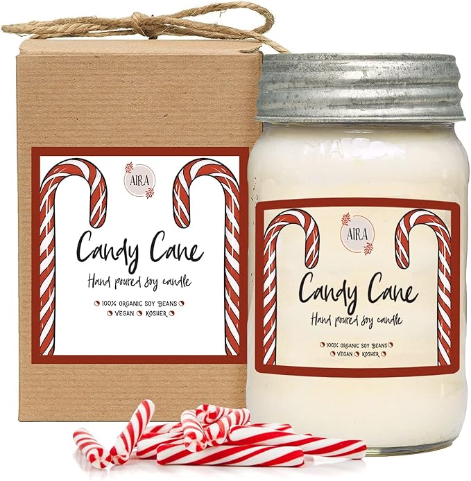 Aira Soy Christmas Candles - Organic, Kosher, Vegan, in Mason Jar w/Essential Oil Blends - Hand-Poured 100% Soy Candle Wax - Paraffin Free, Burns 110+ Hours - Peppermint Candy Cane - 16 Ounces