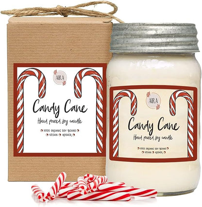 Aira Soy Christmas Candles - Organic, Kosher, Vegan, in Mason Jar w/Essential Oil Blends - Hand-Poured 100% Soy Candle Wax - Paraffin Free, Burns 110+ Hours - Peppermint Candy Cane - 16 Ounces