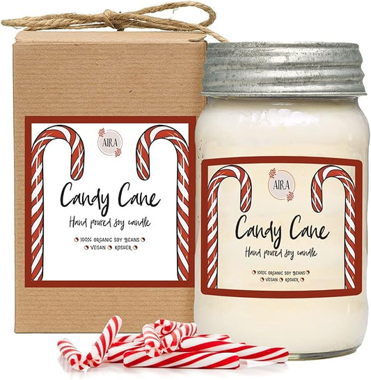 Aira Soy Christmas Candles - Organic, Kosher, Vegan, in Mason Jar w/Essential Oil Blends - Hand-Poured 100% Soy Candle Wax - Paraffin Free, Burns 110+ Hours - Peppermint Candy Cane - 16 Ounces