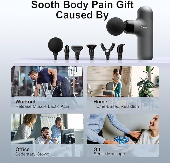 Mini Massage Gun ,Percussion Deep Tissues Muscle Massager, Silicone Material Removable and Washable, Suitable for People with Hyperhidrosis, with 6 Massage Heads 4 Speeds, best gift for her/him