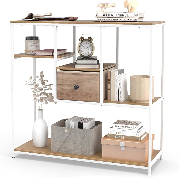Giantex 40” Narrow Console Table, Modern Sofa Table with Open Storage Shelves and Removable Drawer, Skinny Behind Couch Tables, Long Entrway Tables for Living Room, Foyer, Hallway (Natural + White)