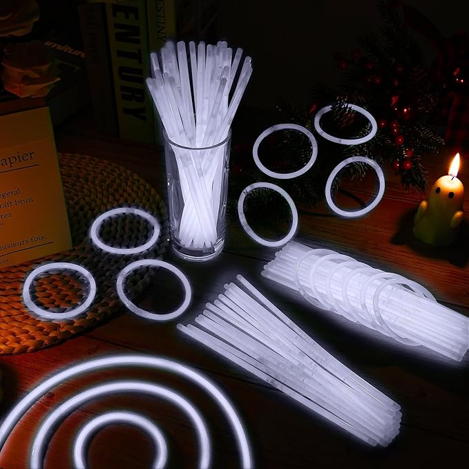 100 Pack 8” White Glow Sticks Bulk with 100 Connectors Neon Glow In The Dark Party favors Supplies for Holiday Birthday Party Decoration (White)