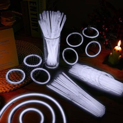 100 Pack 8” White Glow Sticks Bulk with 100 Connectors Neon Glow In The Dark Party favors Supplies for Holiday Birthday Party Decoration (White)