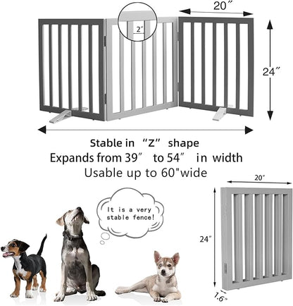 Dog Gate Indoor, Freestanding Dog Fence for The House, Doorways, Hallways,or Stairs,Pet Gate Foldable Wooden,Expandable 24" Height 3 Panels,Grey