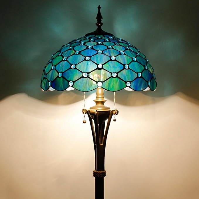 Tiffany Floor Lamp Sea Blue Stained Glass Pearl Standing Reading Light 16X16X70 Inches Antique Pole Corner Lamp Decor Bedroom Office Living Room