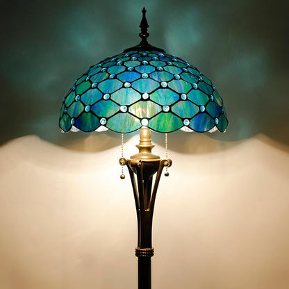 Tiffany Floor Lamp Sea Blue Stained Glass Pearl Standing Reading Light 16X16X70 Inches Antique Pole Corner Lamp Decor Bedroom Office Living Room