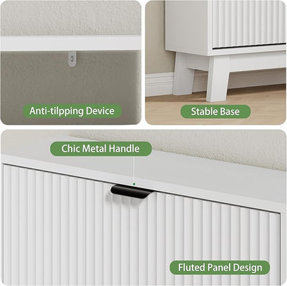 Shoe Cabinet with 2 Flip Drawers, 37" Tall Narrow Fluted Shoe Storage Organizer for Entryway, Hidden Slim Wooden Shoe Rack Cabinet for Front Door Entrance, Hallway, Living Room, Solid White