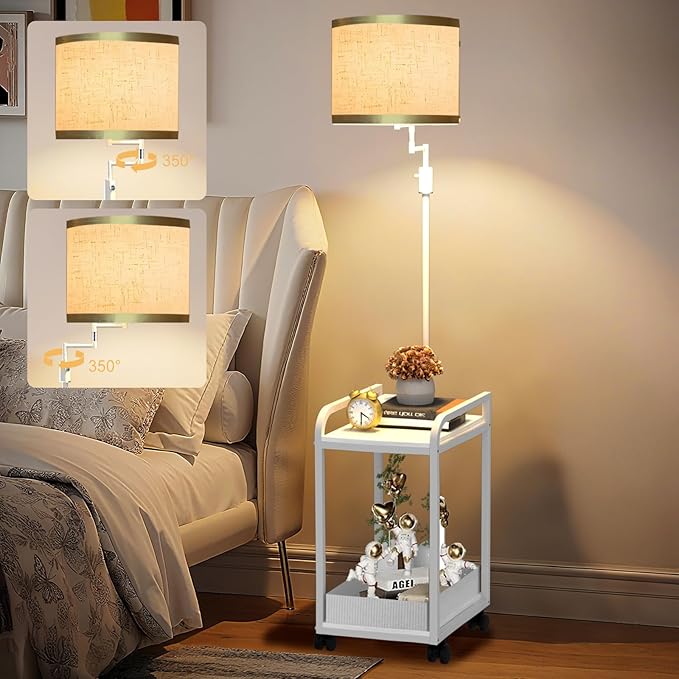 Lightdot 63IN Floor Lamps with Storage Table&Basket, Modern Standing Tall Lamps with Adjustable Fabric Lampshade and Movable&Fixed Casters, Coner End Table Lamp for Living Room/Bedroom/Office-White