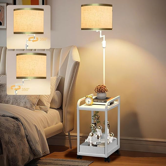 Lightdot 63IN Floor Lamps with Storage Table&Basket, Modern Standing Tall Lamps with Adjustable Fabric Lampshade and Movable&Fixed Casters, Coner End Table Lamp for Living Room/Bedroom/Office-White