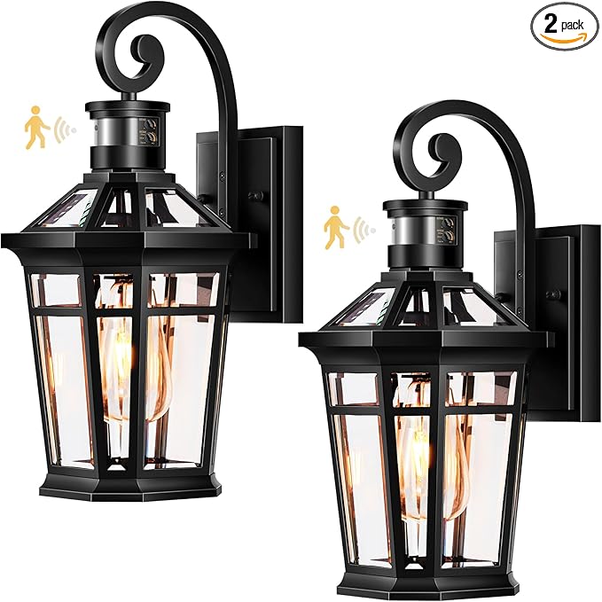 2 Packs Outdoor Lighting with Motion Sensor, Modern Dawn to Dusk Porch Light Fixture Wall Mount, Exterior Wall Lantern Sconce with Matte Black Finish, Waterproof Coach Lights for Garage, Patio