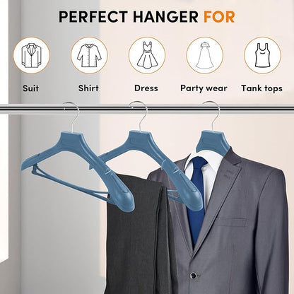 Suit Hangers for Men 50 Pack, Blue Coat Hangers Extra Wide Non Slip Width 17.7", Thick Plastic with Pants Bar & Metal Hook